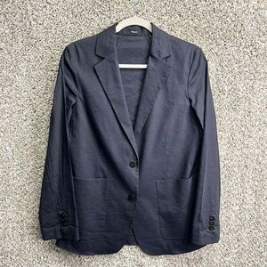 Theory Blazer Women’s 2 Blue Linen Blend Eco Crunch Wash Pocket Oversized Jacket